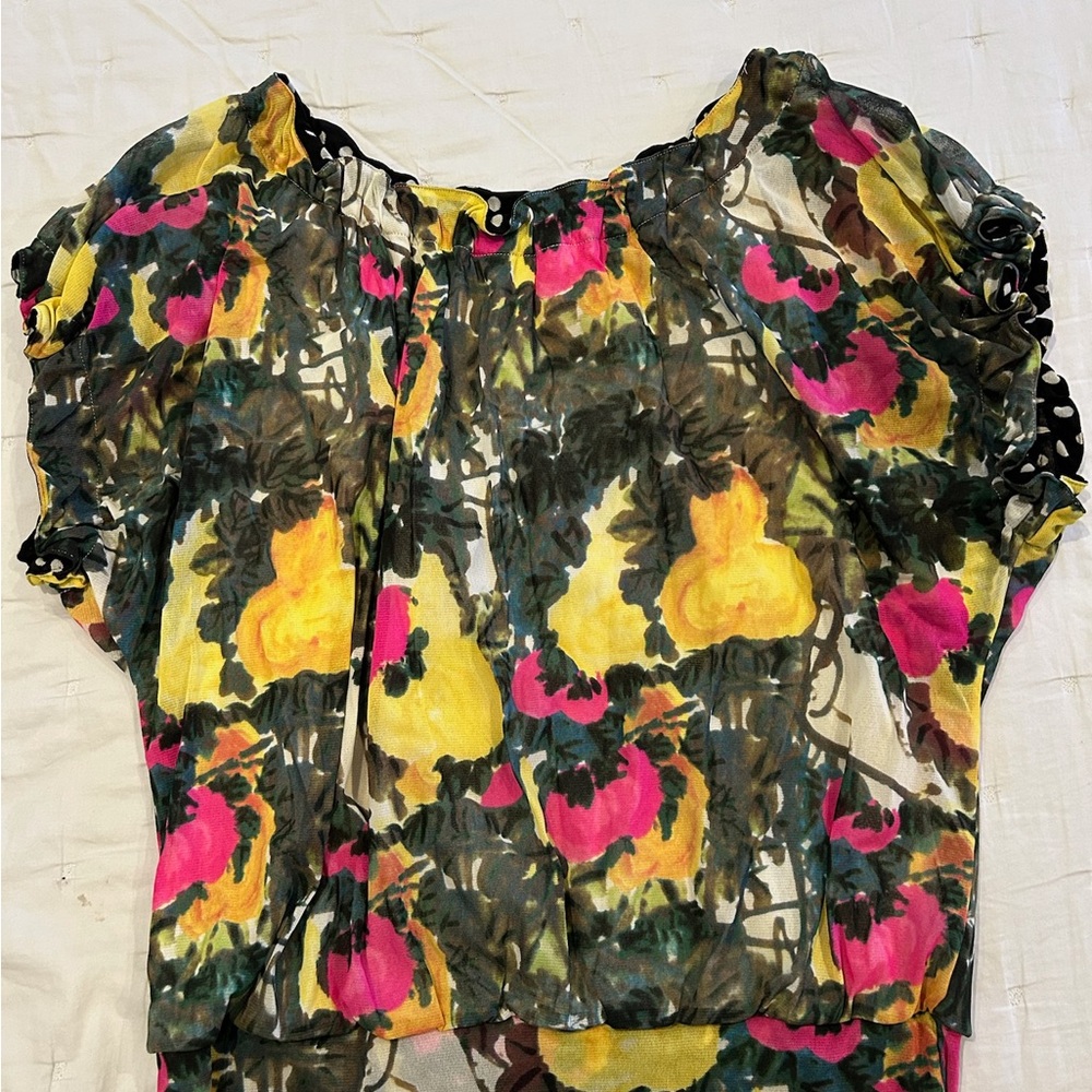 Vivienne Tam Vintage Pink and Yellow Ruffled Sheer Blouse